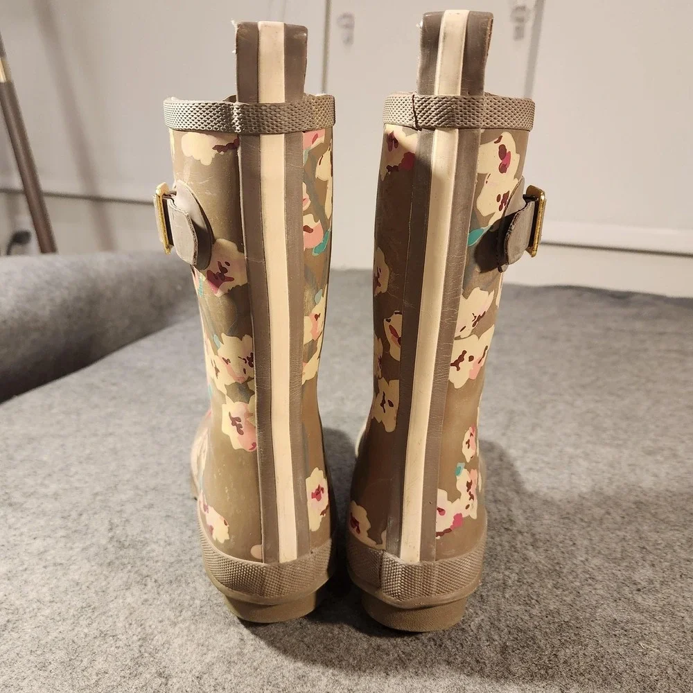 Joules‎ Rain Boots Womens Size 7 Brown Floral Mollywelly Rubber Wellies EU 38